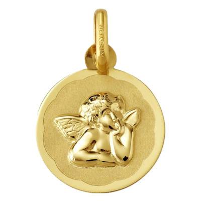 Médaille Ronde Ange Raphaël Motif Fleuri en Or Jaune 750, Diamètre 13 mm - Argyor