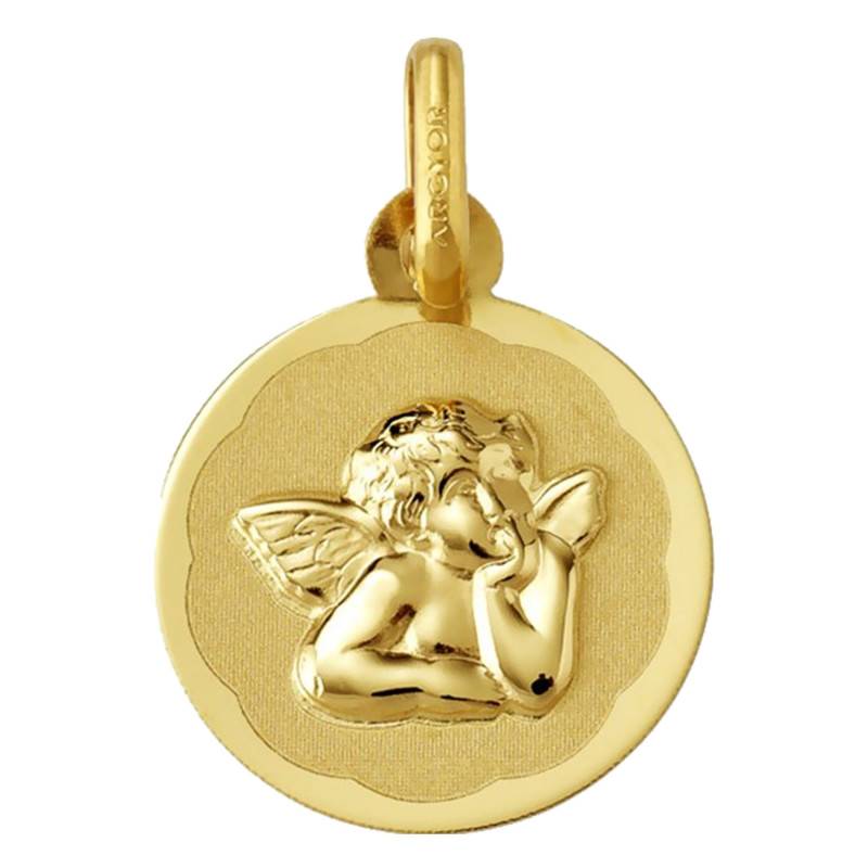 Argyor 750/1000 Yellow Gold Round Medal Raphael Angel Floral Motif 13 mm - Argyor