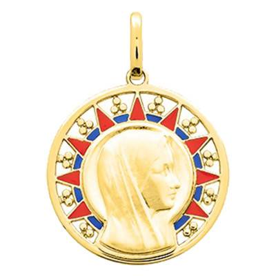 Médaille Ronde Vierge en Or Jaune 750 & Laque, Diamètre 18 mm - Emanessence