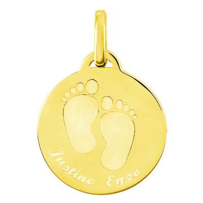 Médaille Gravable Petits Pieds en Or Jaune 375 ou 750, Diamètre 22 mm - Lumiosa
