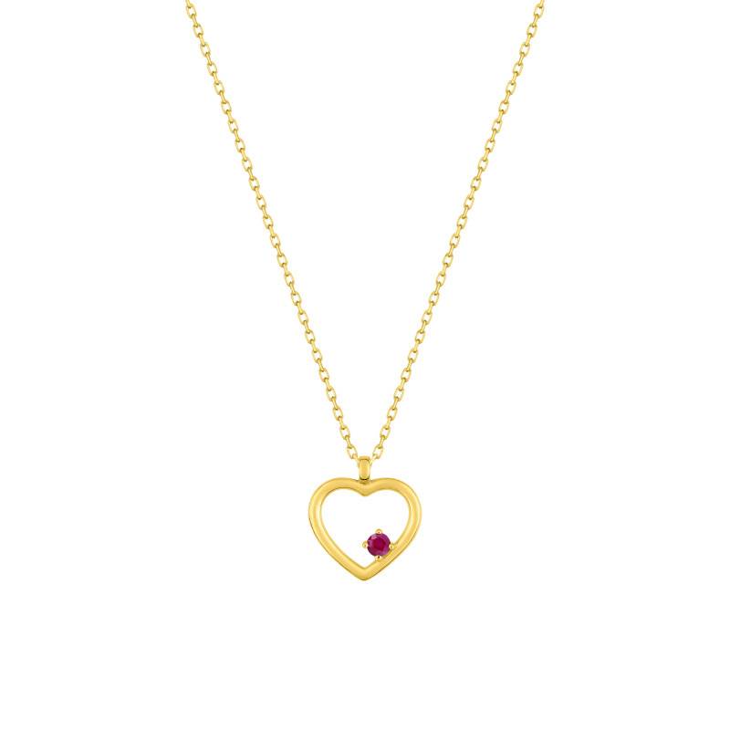 Yellow Gold & Red Ruby Heart Necklace, Length 40 cm to 42 cm - Emanessence