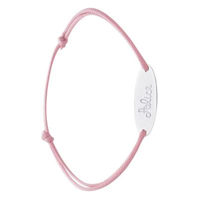 Bracelet Cordon Rose & Plaque Ovale en Argent, Longueur 12,5 cm ajustable, Largeur 1,00 mm - Bambins