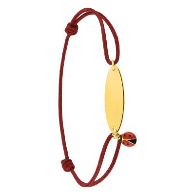 Bracelet Coccinelle Cordon Rouge & Plaque Ovale, Or Jaune 375, Longueur 10,50 cm ajustable - Bambins