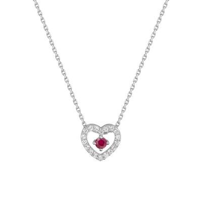 Collier Cœur Rubis & Oxydes de Zirconium en Or Blanc 375, 42cm - Emanessence