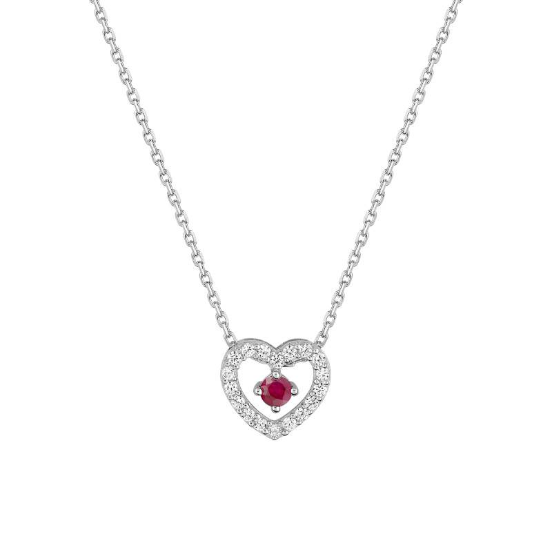 "375 White Gold Heart Necklace & Cubic Zirconia and Ruby, Length 42 cm" - Emanessence