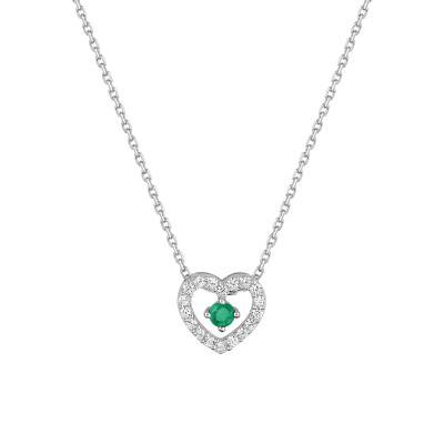 Collier Cœur Émeraude & Oxyde de zirconium Or Blanc 375, 42 cm - Emanessence
