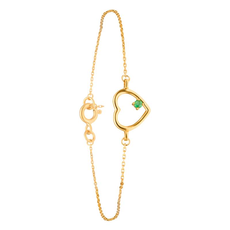 375/1000 Yellow Gold Heart Bracelet & Emerald, Length 18 cm - Emanessence