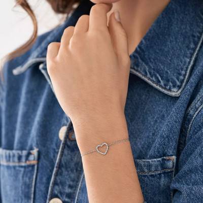 Bracelet Chaine Coeur Sadie en Acier & Cristaux, Longueur 16,50 à 19 cm - Fossil