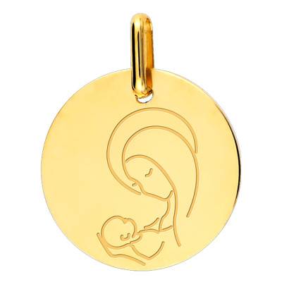 375/1000 Yellow Gold Virgin Mary With Child Medal, Diameter 15 mm - Lucas Lucor