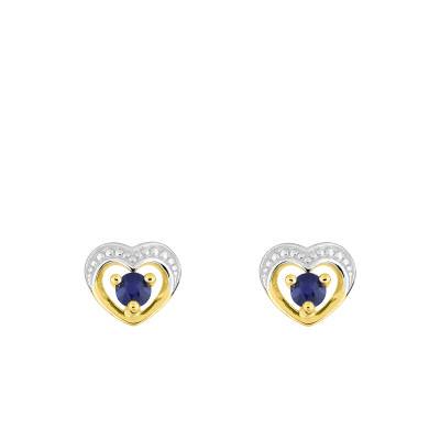 375 Yellow Gold & Rhodium Heart Stud Earrings with Blue Sapphire - Emanessence