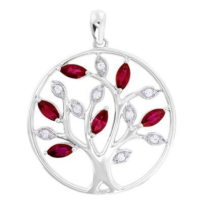 White Gold Tree Pendant & Diamonds and Rubies, 20 mm Diameter - Aurora