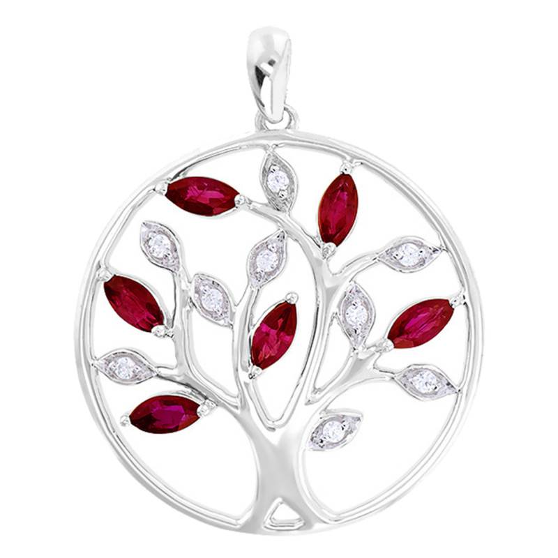 White Gold Tree Pendant & Diamonds and Rubies, 20 mm Diameter - Aurora