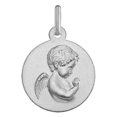 750 White Gold Round Praying Angel Medal, 16 mm Diameter - Argyor