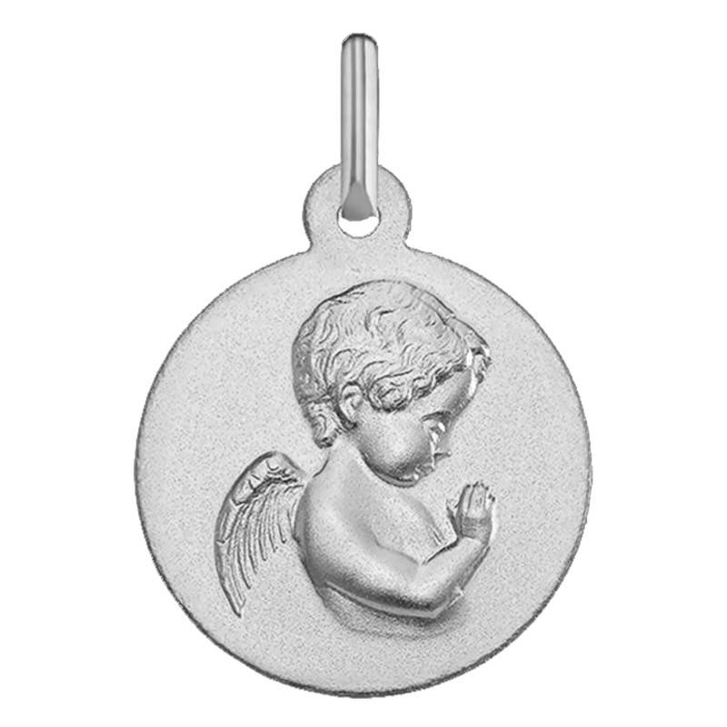750 White Gold Round Praying Angel Medal, 16 mm Diameter - Argyor