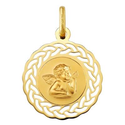 Médaille Ronde Ange Raphaël Couronne Ajourée Or Jaune 750, Diamètre 19 mm - Argyor