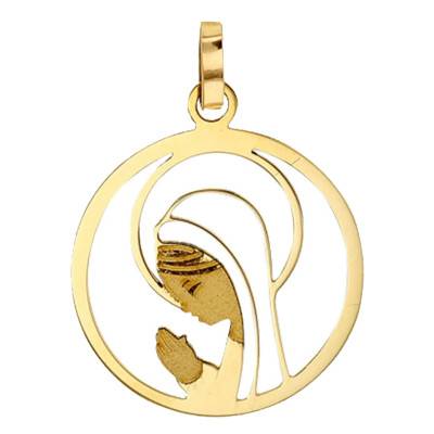 750/1000 Yellow Gold Openwork Praying Virgin Medal, 16 mm Diameter - Rosatella