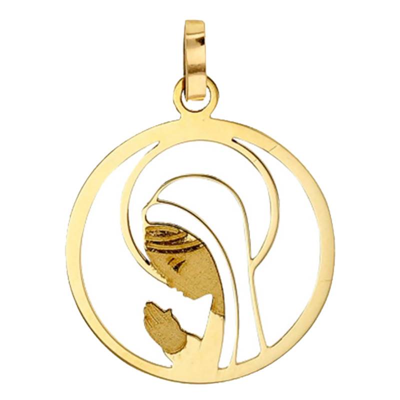750/1000 Yellow Gold Openwork Praying Virgin Medal, 16 mm Diameter - Rosatella
