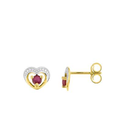 Boucles d'oreilles Coeur Or Jaune 375 avec Rubis & Rhodium - Emanessence