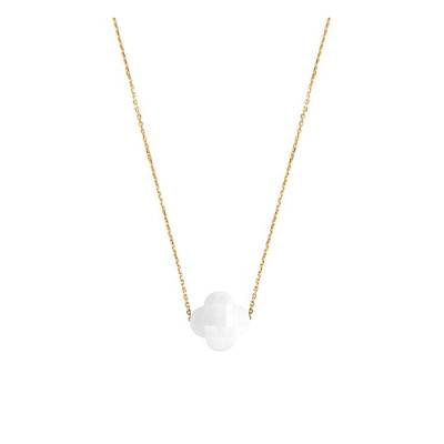 Collier Or Jaune Trèfle Agate Blanche, Longueur 42 cm ajustable - Morganne Bello