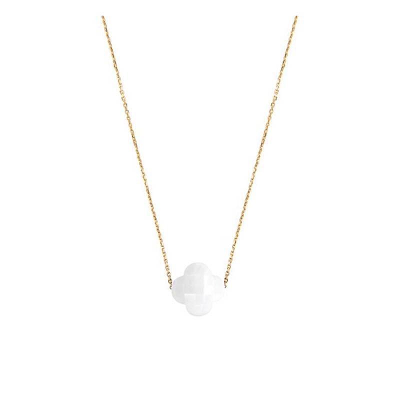 750/1000 Yellow Gold & White Agate Clover Necklace, Adjustable Length 42 cm - Morganne Bello