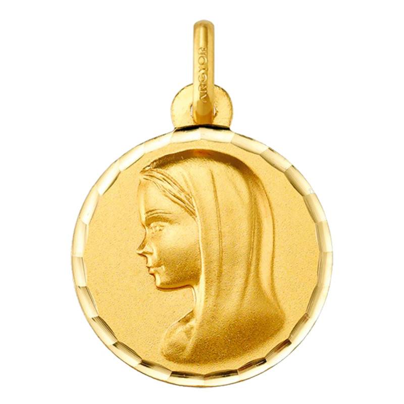 750/1000 Yellow Gold Round Veiled Virgin Faceted Medal, 16 mm Diameter - Argyor