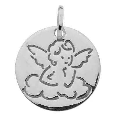 Médaille Ronde Ange sur nuage, Or Blanc 750, Diamètre 16 mm - Vandona