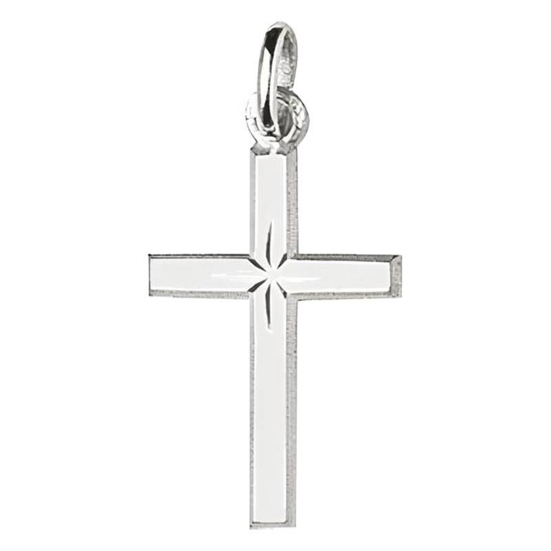 925 Rhodium-Plated Silver Engraved Star Cross Pendant, 19 x 12 mm - Emanessence