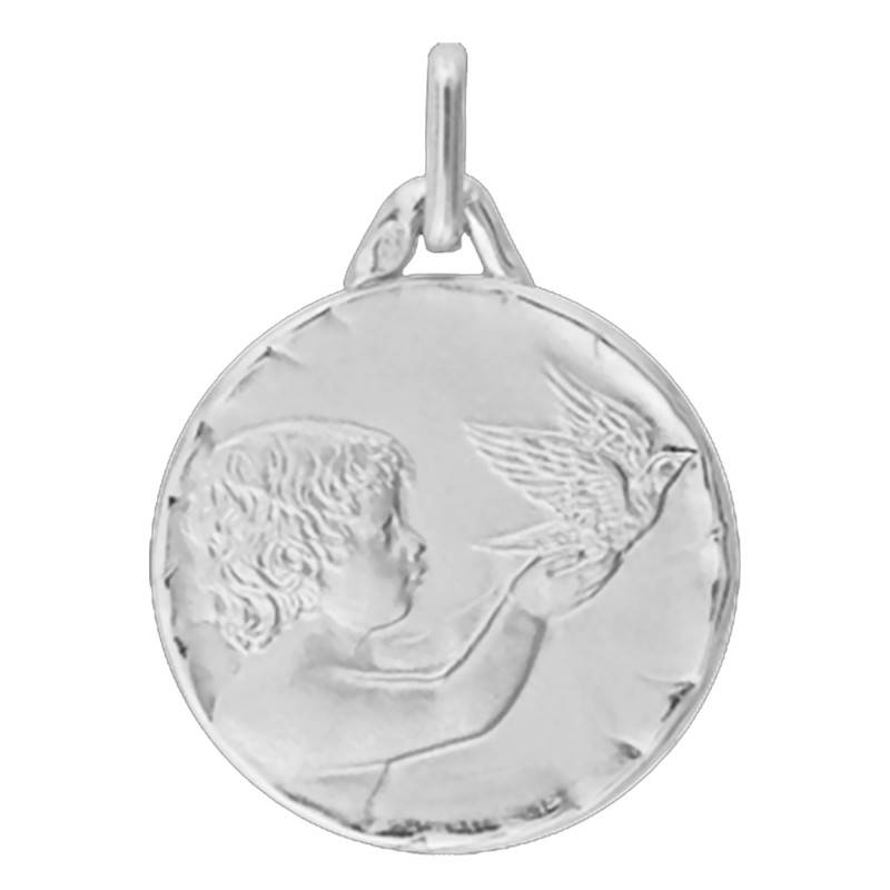 18K White Gold Faceted Edge Angel & Dove Medal, Diameter 16 mm - Lucas Lucor
