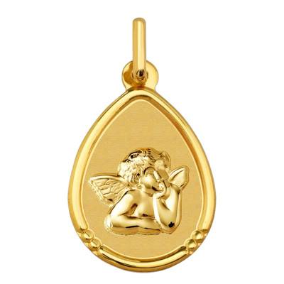 Raphael Angel Bordered Teardrop Medal in 750 Yellow Gold - Argyor