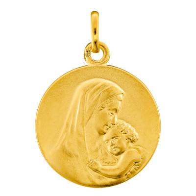 375/1000 Yellow Gold Round Virgin and Child Medal, 15 mm Diameter - Emanessence