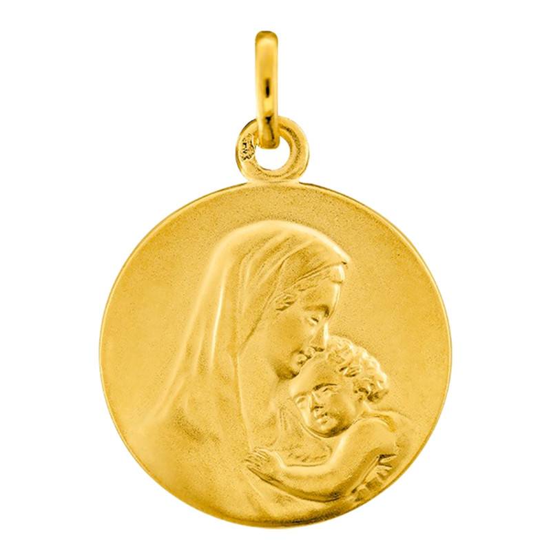 375/1000 Yellow Gold Round Virgin and Child Medal, 15 mm Diameter - Emanessence