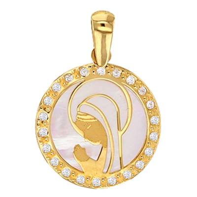 375 Yellow Gold Praying Virgin Medal with Zirconium Oxides & Mother-of-Pearl, 13mm Diameter - Vandona