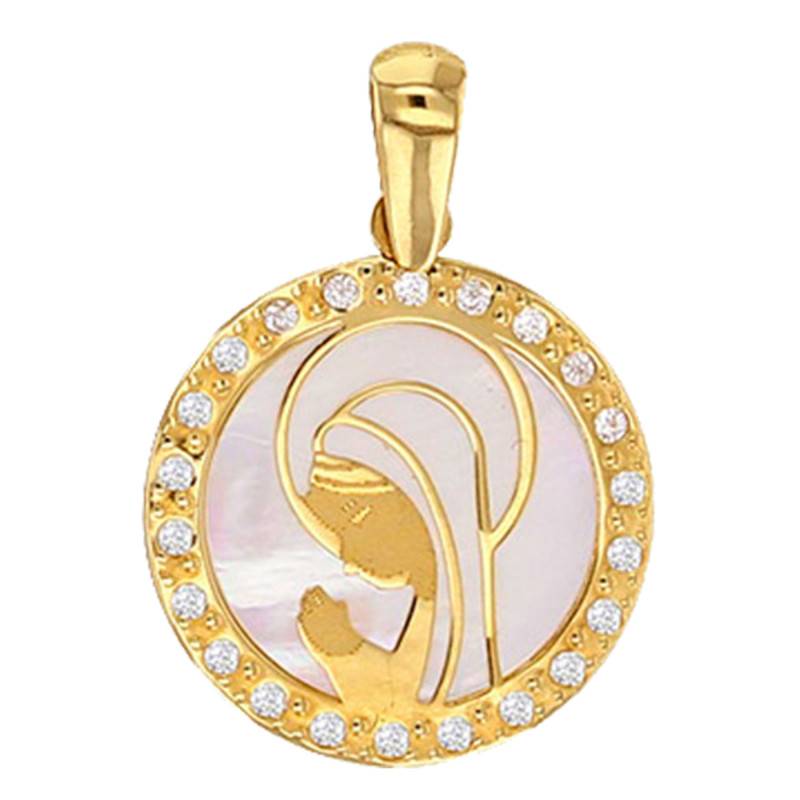 375 Yellow Gold Praying Virgin Medal with Zirconium Oxides & Mother-of-Pearl, 13mm Diameter - Vandona