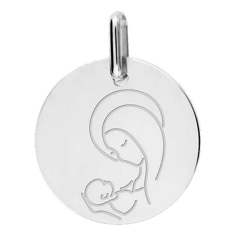 White Gold 375/1000 or 750/1000 Virgin Mary with Child Medal 15 mm - Lucas Lucor