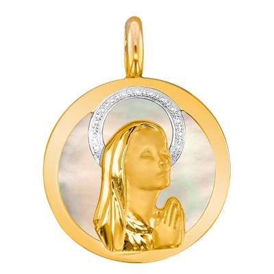 Médaille Vierge En prière Nacre 2 Ors 375, Diamètre 18 mm - Lumiosa