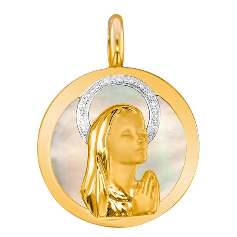 Médaille Vierge En prière Nacre 2 Ors 375, Diamètre 18 mm - Lumiosa