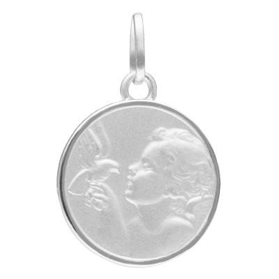 925 Silver Textured Angel & Dove Medal, 15 mm Diameter - Emanessence