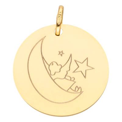 375/1000 or 750/1000 Yellow Gold Round Angel & Moon Medal, Diameter 16 mm or 18 mm - Lumiosa