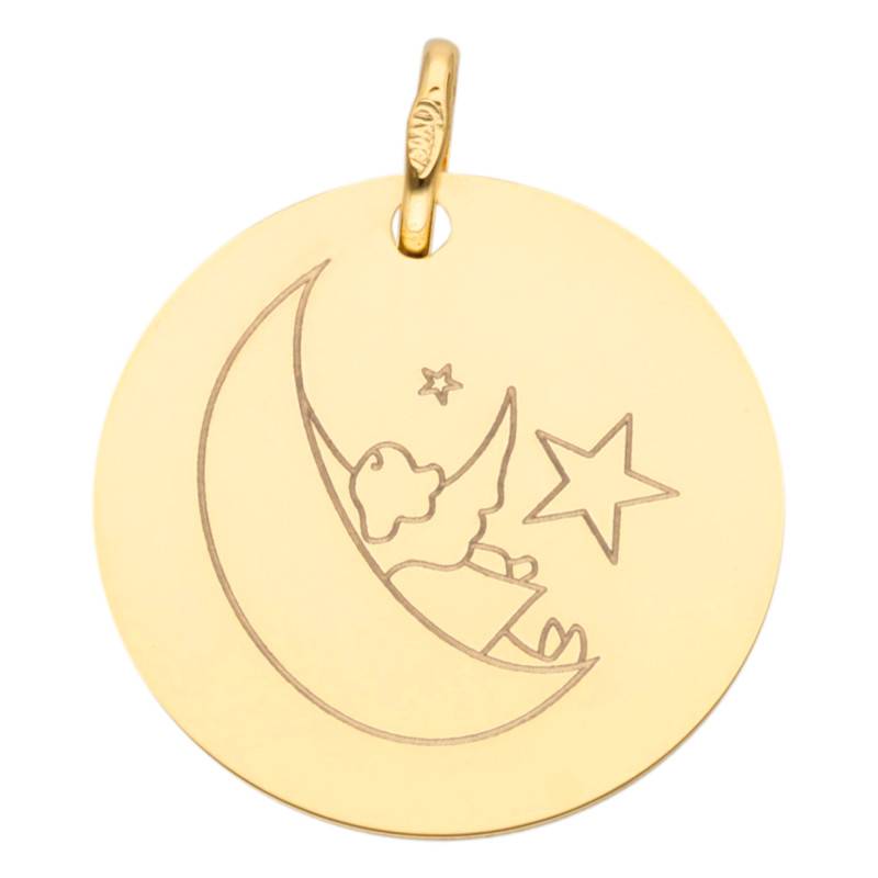 375/1000 or 750/1000 Yellow Gold Round Angel & Moon Medal, Diameter 16 mm or 18 mm - Lumiosa