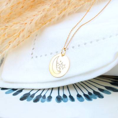 375/1000 or 750/1000 Yellow Gold Round Angel & Moon Medal, Diameter 16 mm or 18 mm - Lumiosa