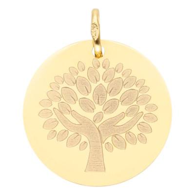 375/1000 or 750/1000 Yellow Gold Round Tree of Life Hand Pendant, 16 mm or 18 mm Diameter - Lumiosa
