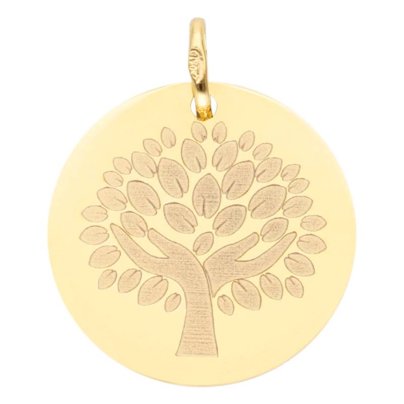 375/1000 or 750/1000 Yellow Gold Round Tree of Life Hand Pendant, 16 mm or 18 mm Diameter - Lumiosa