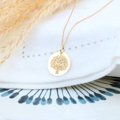 375/1000 or 750/1000 Yellow Gold Round Tree of Life Hand Pendant, 16 mm or 18 mm Diameter - Lumiosa