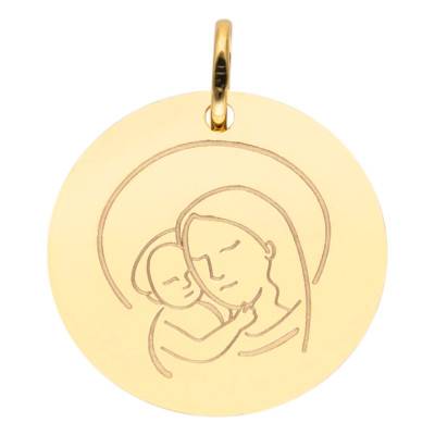 375/1000 or 750/1000 Yellow Gold Round Virgin & Child Medal, Diameter 16 mm or 18 mm - Lumiosa