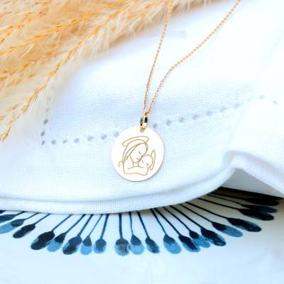 Médaille Ronde Vierge et Enfant en Or Jaune 375 ou 750, Diamètres 16 mm ou 18 mm - Lumiosa