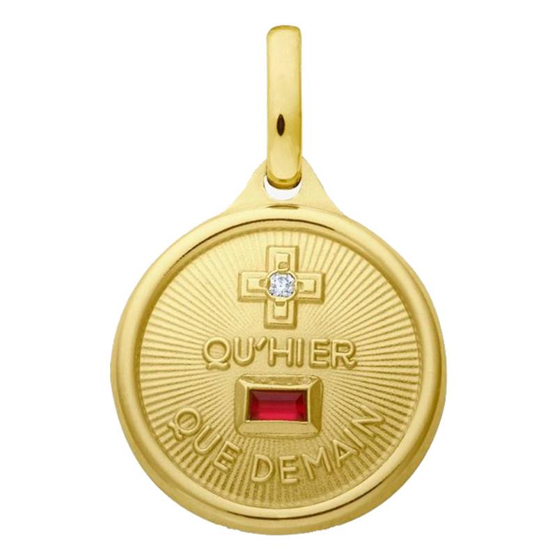 750/1000 Yellow Gold Diamond & Ruby Love Medal, 12 mm Diameter - Augis