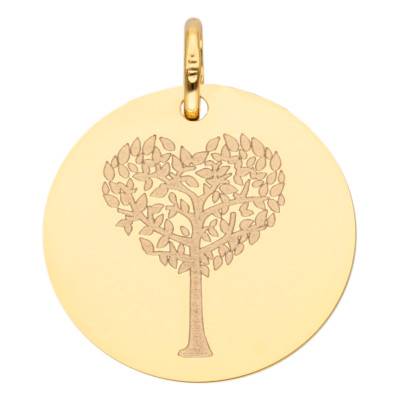 375/1000 or 750/1000 Yellow Gold Round Heart Tree of Life Medal, Diameter 16 mm or 18 mm - Lumiosa