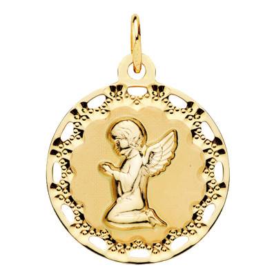 Médaille Ange Priant Ajourée en Or Jaune 750, Diamètre 19 mm - Lumiosa