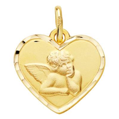 Médaille Coeur Facetté Ange Pensif en Or Jaune 750 - Lumiosa