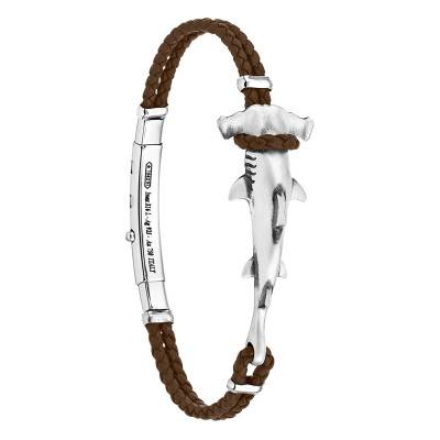 Brown Leather and 925 Silver Vintage Shark Bracelet, Length 19 cm to 21 cm - EXB949_BROWN - Zancan